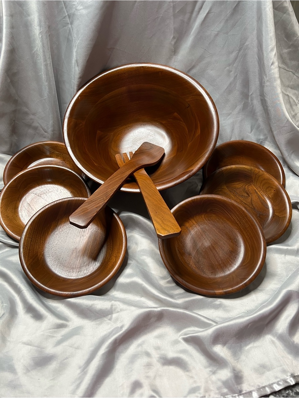 Ozark Walnutware Handcrafted Wooden 7 Piece Salad Bowl Set in Brown with Servers